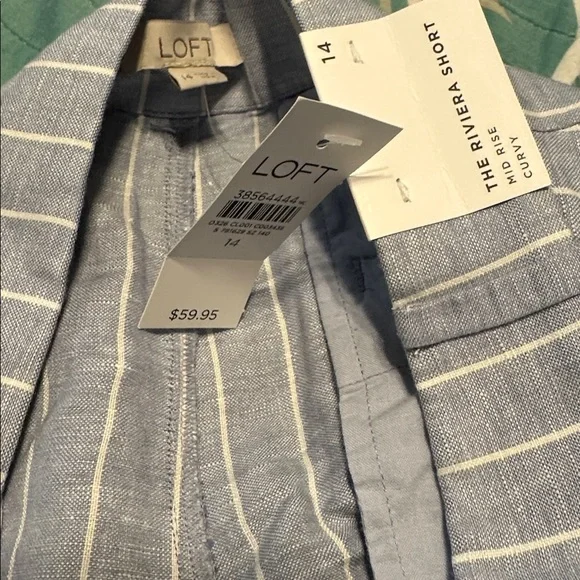 LOFT Floral Embroidered Stripe Riviera Shorts Blue Striped Linen Blend Size 14 - Picture 6 of 6